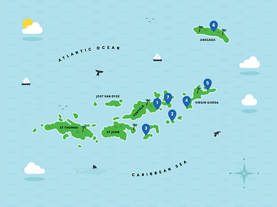 British Virgin Islands caribbean clouds illustrated island map ocean shark sun