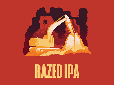 Razed IPA beer building can demolish excavator illustration label package raze rubble ruins
