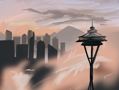 Foggy Seattle city city illustration procreate sketch sky