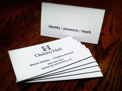 Oakley Hall Design Business Card blind emboss business card colour edging crane lettra flo white 110c design letterpress studio on fire