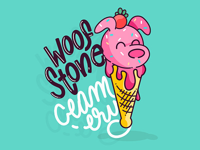 Woof Stone Creamery animals branding custom artwork design dog funny ice cream funny quote graphic design ice cream ice cream cone ice cream graphic ice cream logo ice cream typography illustration logo poster product logo store poster store sign vector