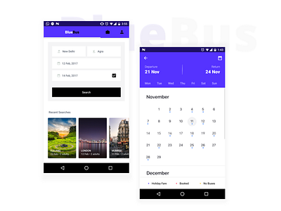 Bus booking - Search for buses android app application book bus buses calendar date dates search ui white