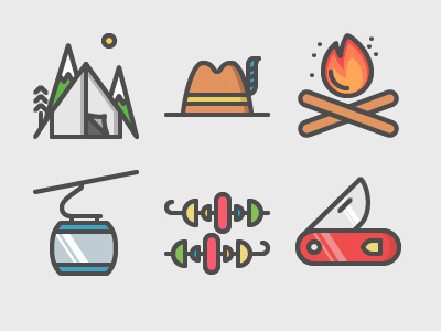 ~ Let`s go camping ~ backpack camping color fire flat grill hat icons knife nature vector wilderness