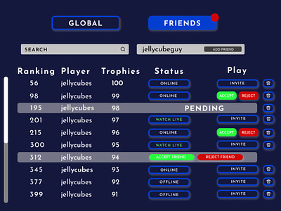 Friends list for a VR game design ui ux virtual reality vr