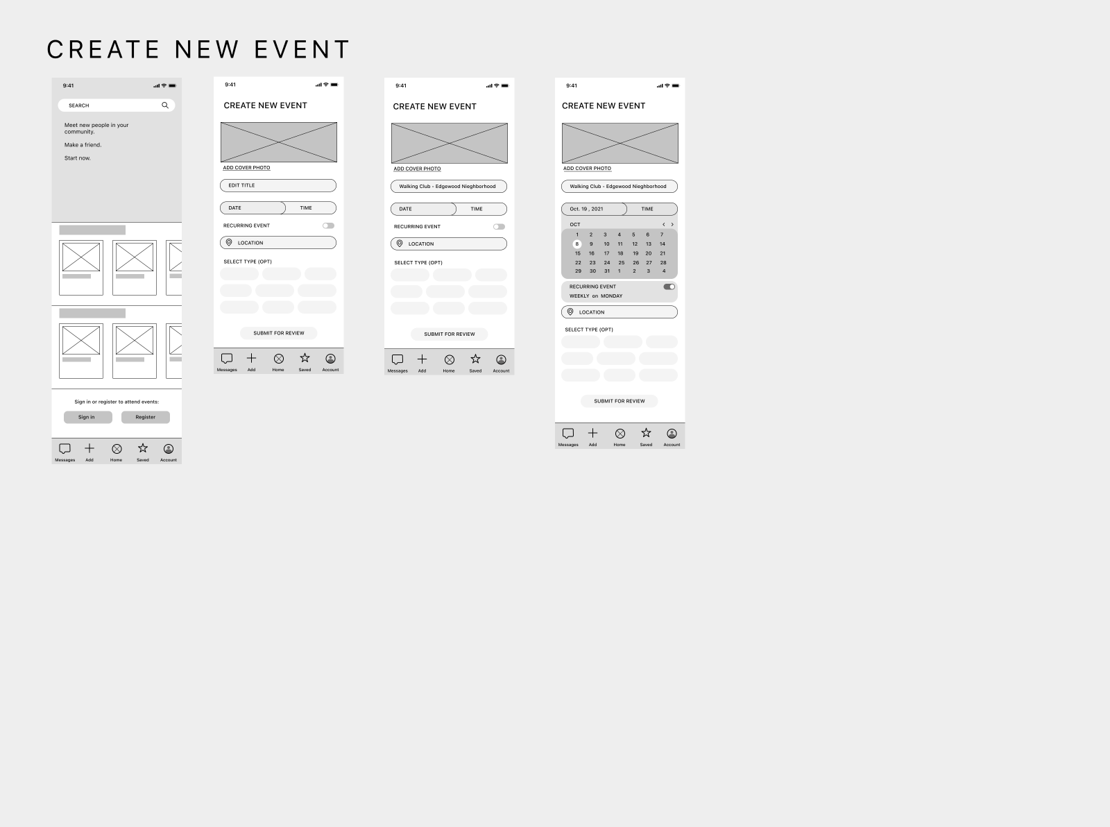 Wireframes for events app by Melissa Burnham on Dribbble