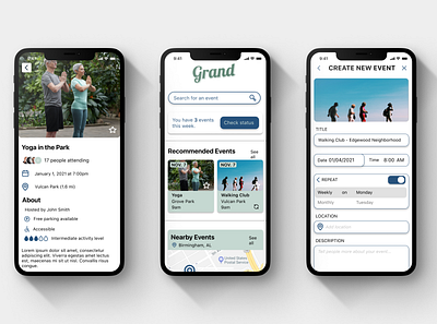 Grand; an events app for adults 50+ branding design graphic design logo typography ui ux