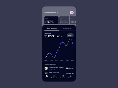 Financial App: Dark mode accounting app banking charts dark mode financial fintech investment mobile numbers ui
