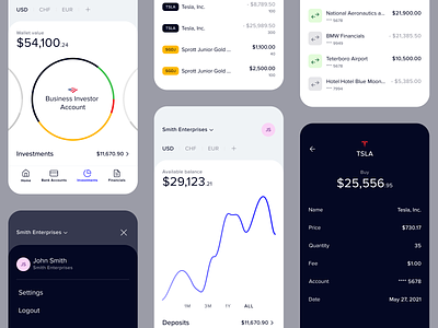 Light and Dark accounting accounting app bank accounts banking bonds charts clean dark mode financial app fintech investment app linechart minimal mobile app numbers piechart stock market stocks transaction history transactions