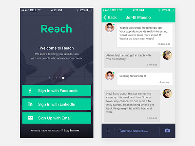 Reach 1.8 android app green ios minimal networking app reach startup ui uiux ux