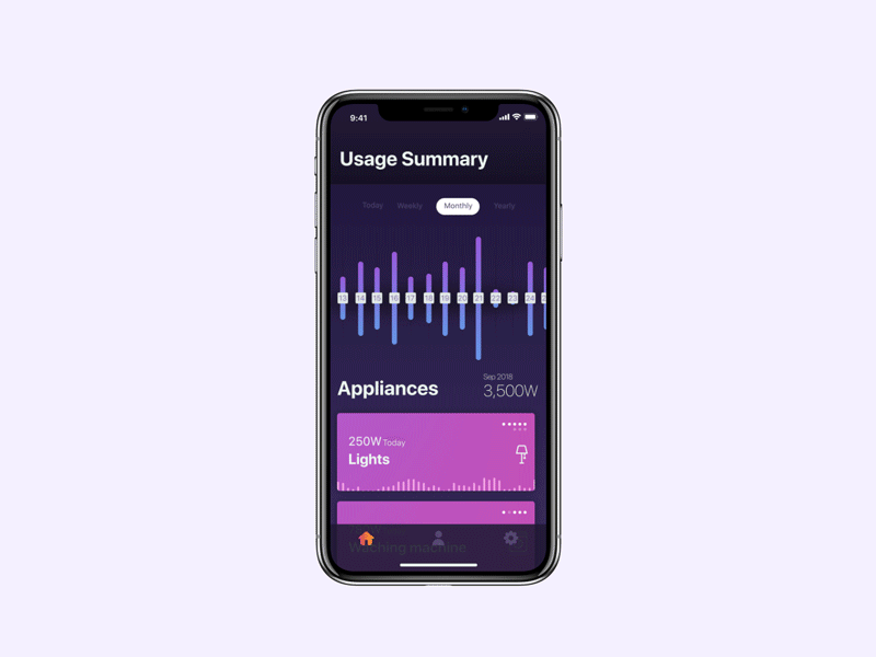 Energy consumption app animation appliance appliances card chart energy gif ios smart home thermostat timeline track ui usage ux