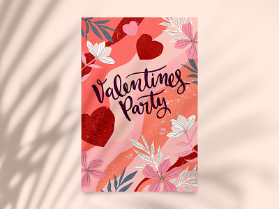 Valentines Party Poster Design colorful creative design flat flowers hand drawn illustration lettering minimal template texture texture illustration valentines