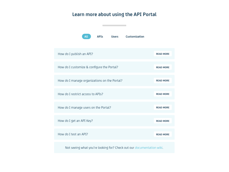 CA API Portal help section api portal list help