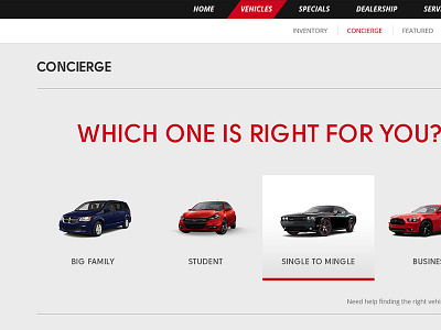 Vehicle Concierge active art direction cars options selection state vehicles