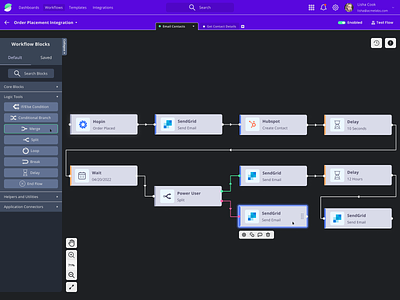Workflow Visual Builder api app automation platform canvas dark dark theme design flow builder integration app ipaas low code management nodes product design saas workflow designer