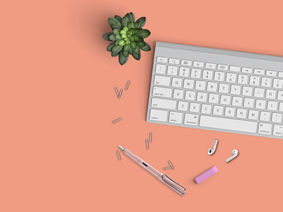 Pink Desk | Keyboard, Airpods, Pen, Plant | Background 2d abhinaya abhinayakondi aesthetic airpod background book computer desk graphic design keyboard kondi pen pink plant red top view top view desk ui vector