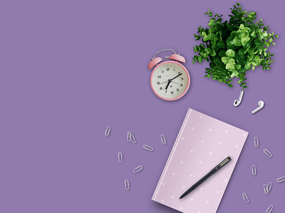 Purple Desk | Book, Alarm, Plant | Background 2d abhinaya abhinayakondi aesthetic alarm book computer design desk graphic design illustration keyboard kondi light plant purple top view ui vector violet