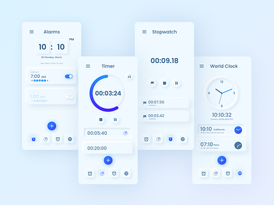 Clock App Neomorphism 2d 3d abhinaya abhinayakondi aesthetic alarm animation blue clock design graphic design kondi minimalistic neomorphism stop timer ui watch white world