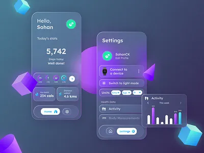 Glassmorphsim - Fitness App 3d abhi abhinaya abhinaya kondi abhinayakondi aesthetic app application blue design fitness glass glassmorph glassmorphic glassmorphism graphic design pink shapes ui violet