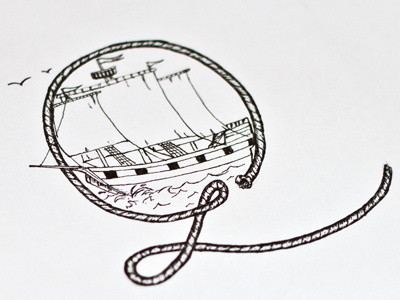 Nautical themed 'Q' drop cap sketch cap drop dropcap initial nautical q rope ship sketch waves