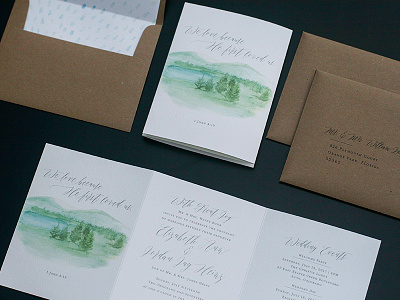 E + J envelope liner invitation kraft paper mountains script suite trifold watercolor wedding
