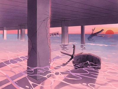 Sunrise in the flooded ruins digitalart illustrated book illustration visualdevelopment