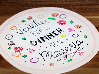 Voucher for a dinner birthday gift idea hand lettering lettering pizza pizzeria present round voucher