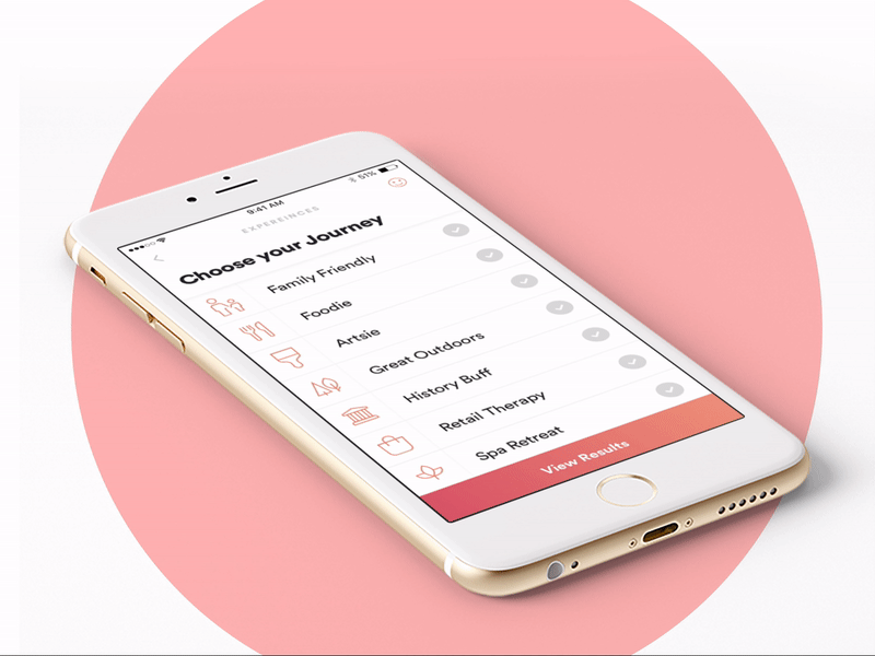 Roadtrip - Experiences Filter animation fun interaction mobile simple travel ui design