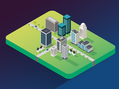 ABC Isometric employee city city factory gradient illustration isometric moving palm tree