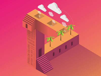 Thinking outside the box 3d clouds doorway gradient iso isometric palm tree