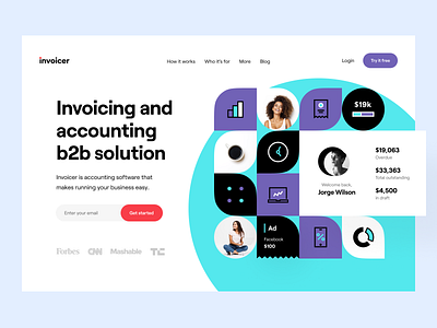 Invoicer: Product page accounting b2b budget customer service dashboard e finance finance financial services fintech invoicing landing landing page product design product page site web web design web site website