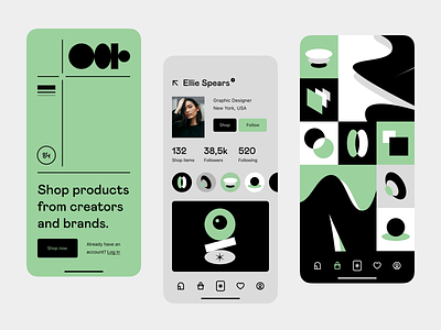 Visual identity: Interface - splash, profile, shop app brand branding drop e-commerce ecommerce goods identity mobile shop shopping social social commerce visual identity