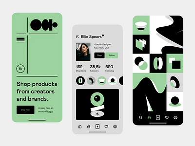 Visual identity: Interface - splash, profile, shop app brand branding drop e commerce ecommerce goods identity mobile shop shopping social social commerce visual identity