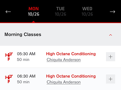Mobile Class Schedule calendar classes interface mobile responsive website ui