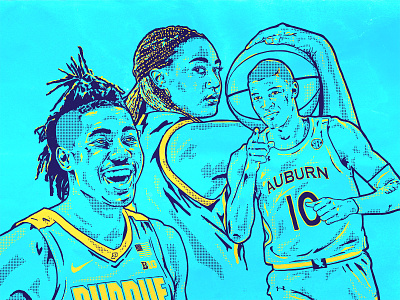 Jaden Ivey, Aliyah Boston, and Jabari Smith athletes auburn basketball illustration march madness portrait purdue south carolina