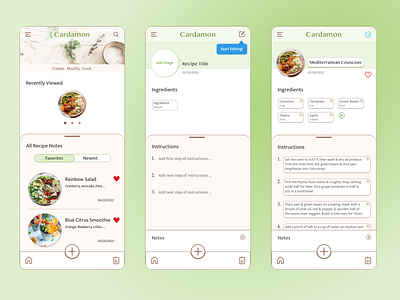 Cardamon app cooking create culinary design edit home interaction karlidesign minimalist mobile mobile screens recipe recipe writer ui user experience ux