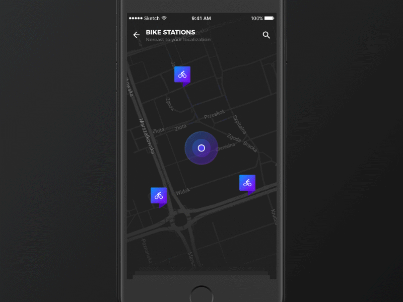 Bike Radar - find bike stations near you animation animation bike dark dark ui ios iphone map navigation ui ux