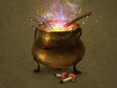 Magic cauldron 2d cg gold icon ilustration magic mushroom