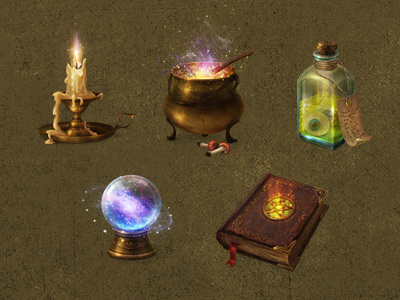 Magic icons candle cauldon gold icon ilustration magic orb spellbook