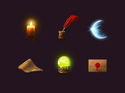 Magic icon set candle icon ink magic mail moon orb paper pen