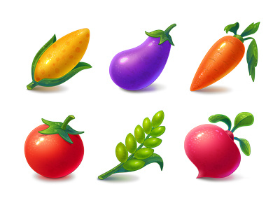 Yummy veg icon set carrot corn eggplant farm game icon radish tomato ui vegetables wheat