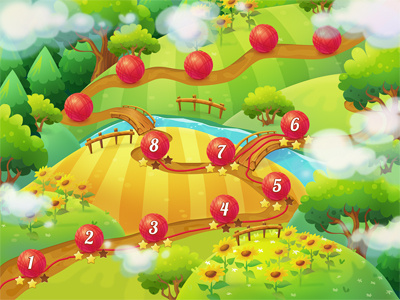 Game map field forest game grass illustration map match3 tree ui water