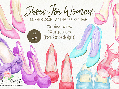 Watercolor High Heel Shoes Collection clipart high heel illustration ladies shoes pink purple sandal shoes stylish watercolor yellow