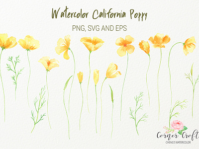 California Poppy Clipart PNG and Vector clipart corner croft eps hand painted orange png svg watercolor yellow