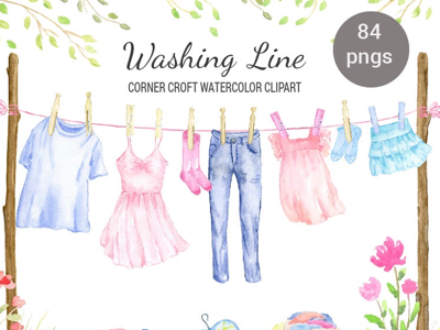 Watercolor washing line fashion clipart clipart clothes clothes line fashion print washing line watercolor