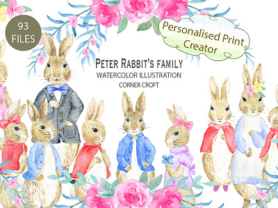 Cumbria Rabbit Family Clipart, Personalised Print Creator cumbria rabbit dad easter bunny easter rabbit mum personalised print sister tale of peter rabbit watercolor illustration watercolour rabbit