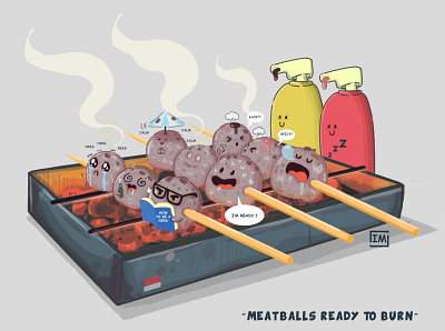 Meatballs Ready To Burn cartoon culture food illustration illustration indonesia indonesianfood