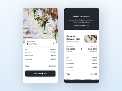 Booking Completed - Mobile 2020 app apple banquet booking app booking system bookings clean complete completed hall minimalistic mobile mobile app pay rent rental app ui web web app