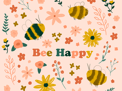 Bee Happy! bee bees flowers happy illustration pattern pink pretty sunflower
