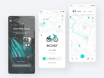 Rent a bike UI app bicycle bike code costa rica map mobility path product design qr scan ui unlock ux