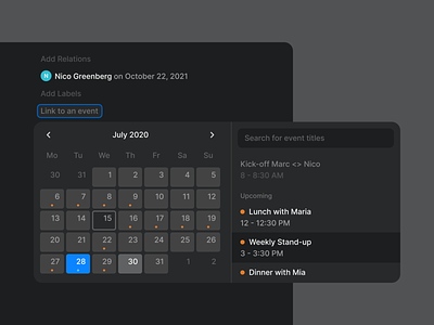 Calendar Events in Notes attributes calendar crm dark mode data dates events meeting notes meetings notes notes app picker relationships ux web web app